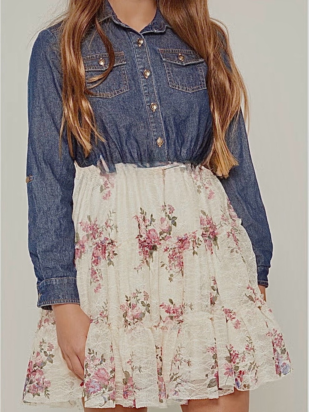 Zunie Cream Mini Skirt with Pink Floral Lace